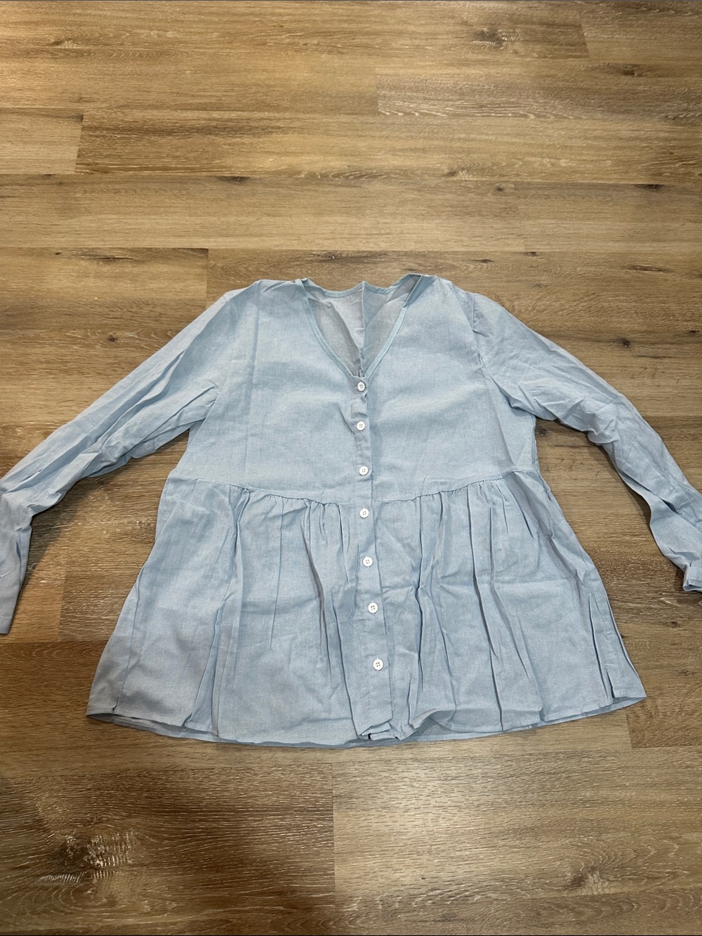 Light Blue Button-Front Peplum Blouse - sheer canvas